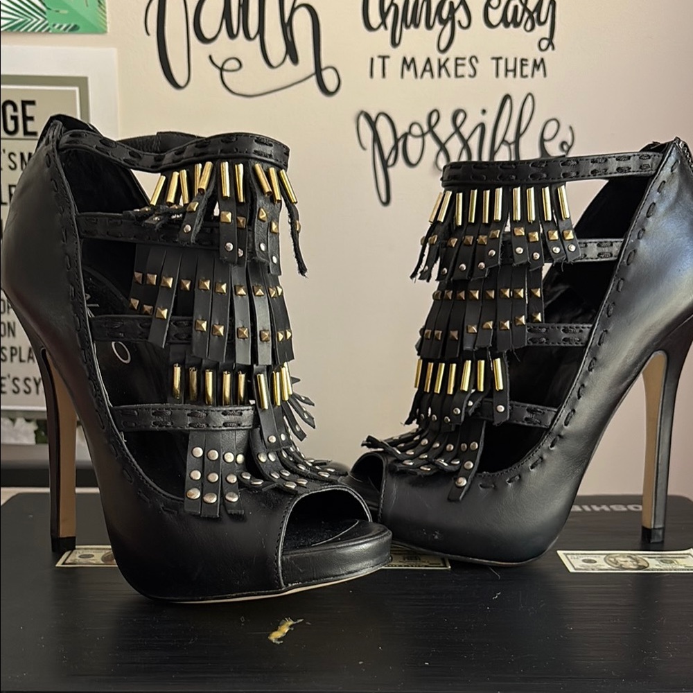 Aldo Black and Gold Stiletto Heels with Lace-Up Design